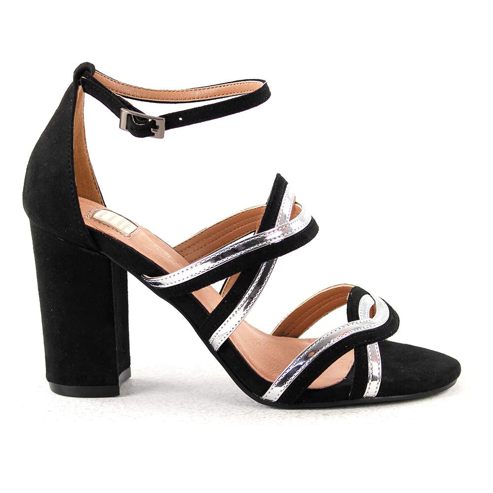Sandalias de Fiesta EFERRI - Sandalia de Tacón Ancho de Ante con Material en Espejo y Plantilla de Piel para una Pisada Cómoda - Fiesta